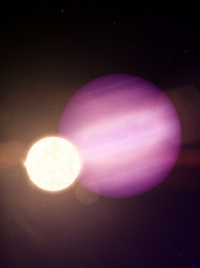畫家印象中，可見白矮星WD 1856（體型較小的一顆）周圍的近軌道上有一顆體型較大的行星WD 1856 b運行。圖片來源：Vanderburg等， 2020年。